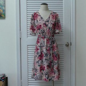 LOFT dress pink floral sheer flowy chiffon flutter short sleeves belted sz S